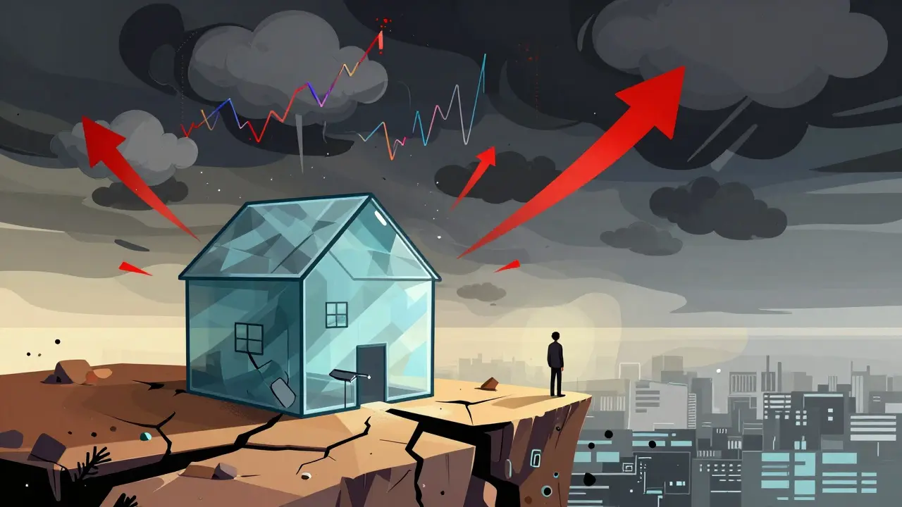 Glass house on cracking virtual land under stormy crypto clouds