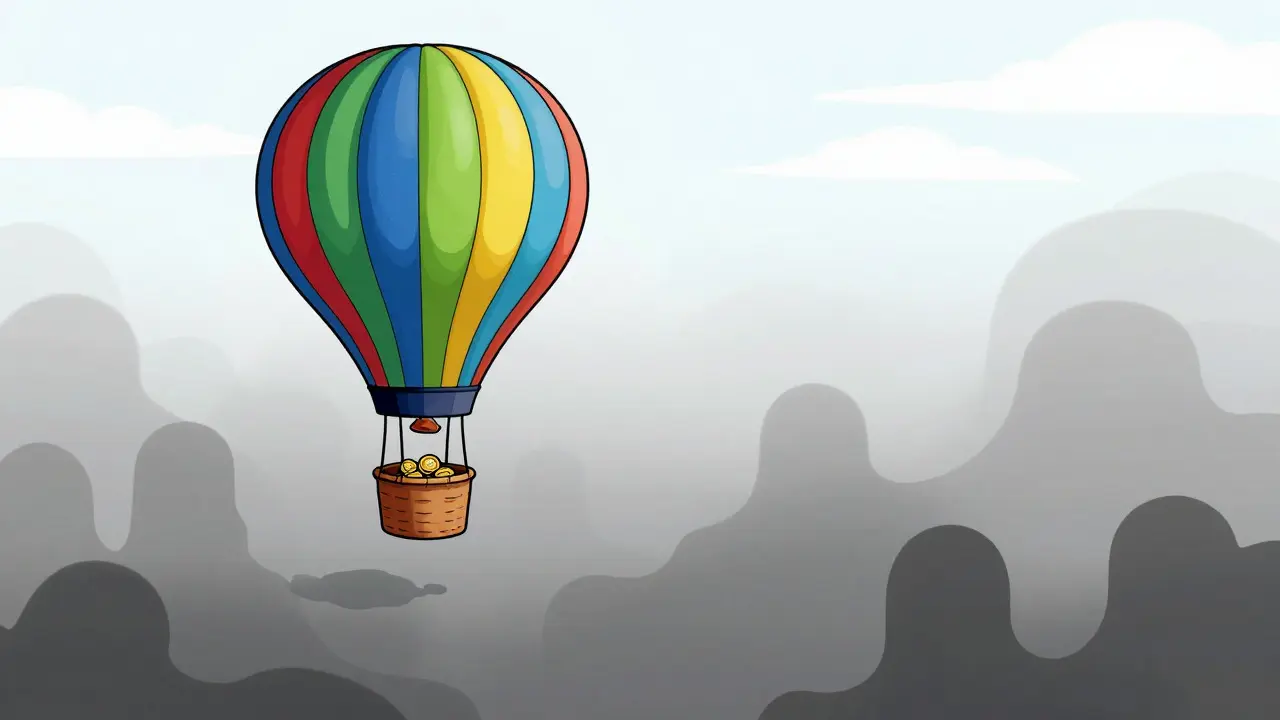 Hot air balloon floating over foggy abyss representing crypto market risks and low liquidity