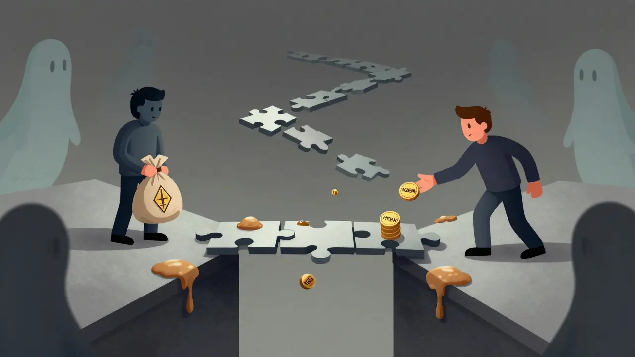 Illustration of a fragile bridge over a void, representing liquidity risks and trading friction in crypto.