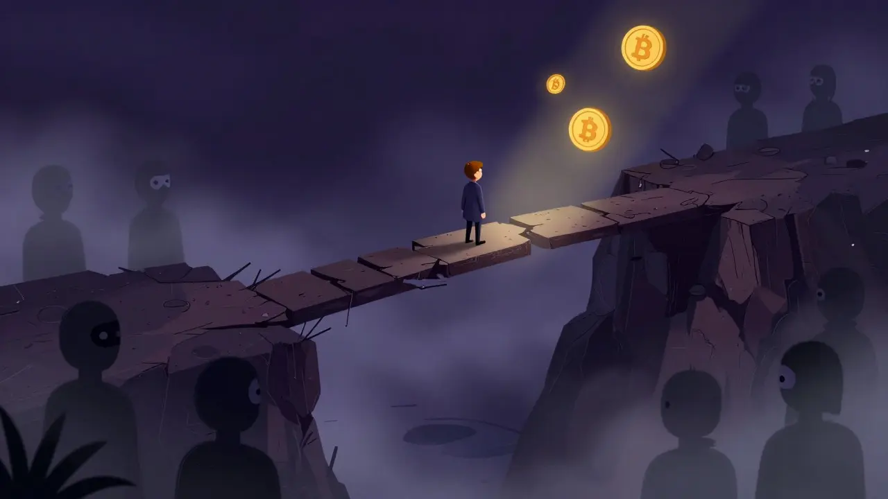 Illustration of an investor on a fragile bridge over a void of anonymous shadows