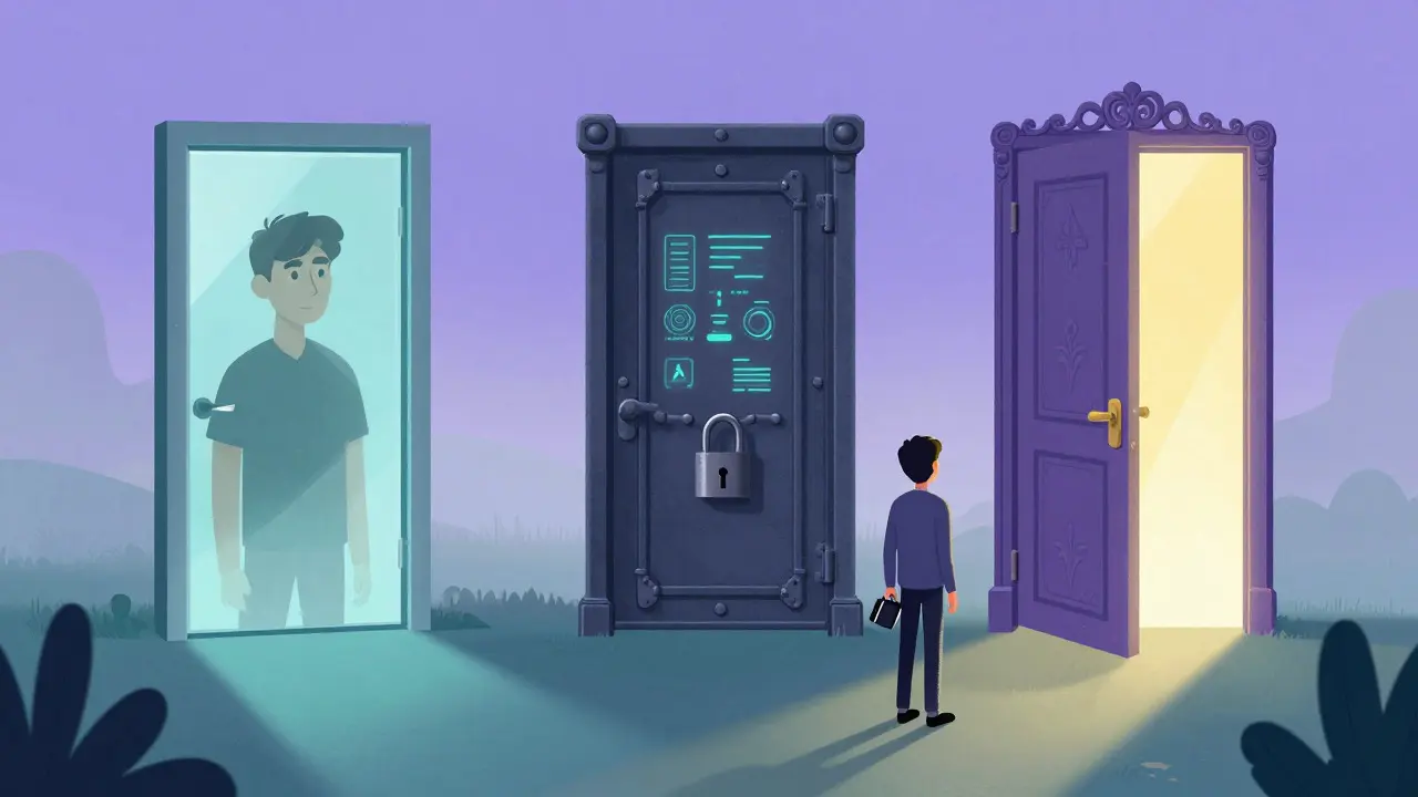 Illustration of three symbolic doors representing DEX, CEX, and derivatives trading options.