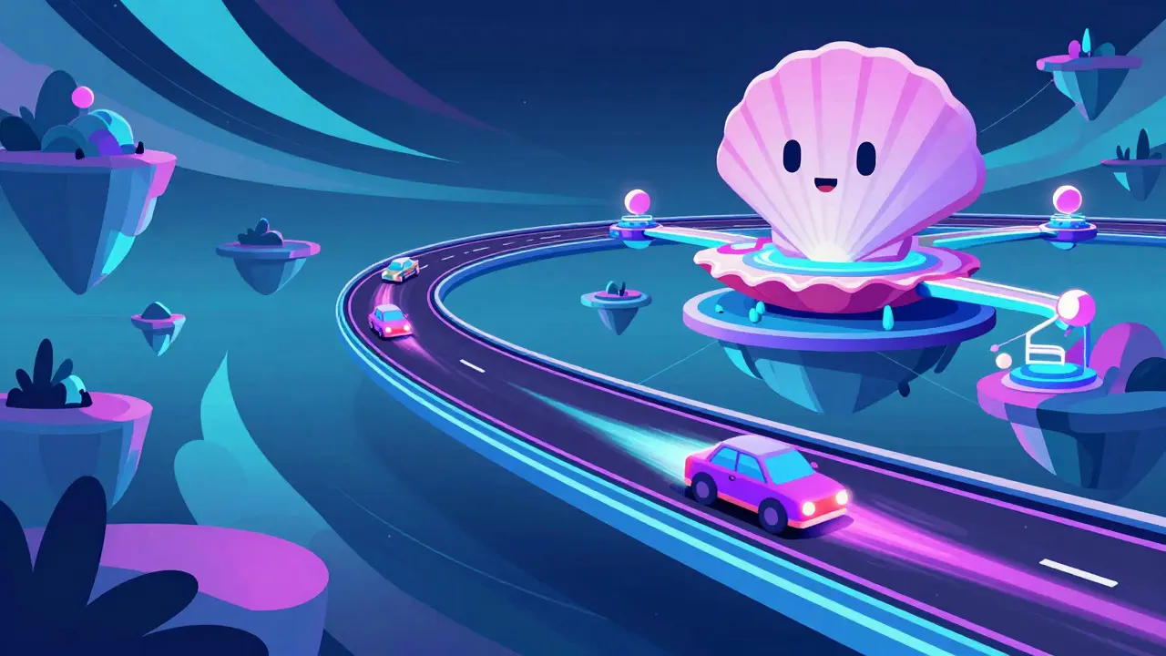 Neon ribbon highway with fast vehicles connecting to a central scallop-shaped hub on floating islands.