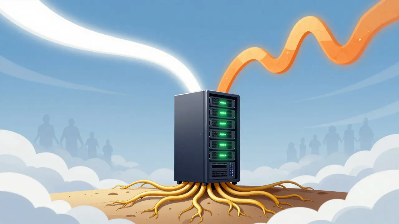 Stylized server with redundant network cables rooting into the ground.