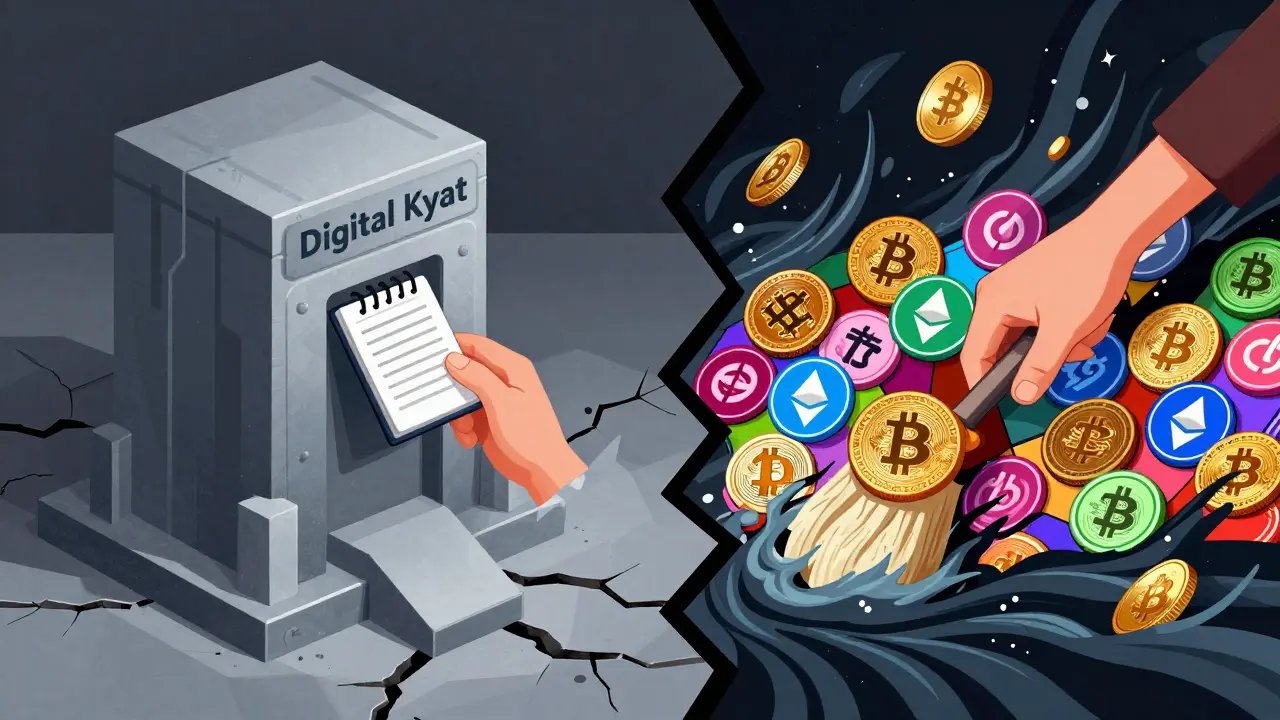 Surreal art contrasting state Digital Kyat with banned private crypto