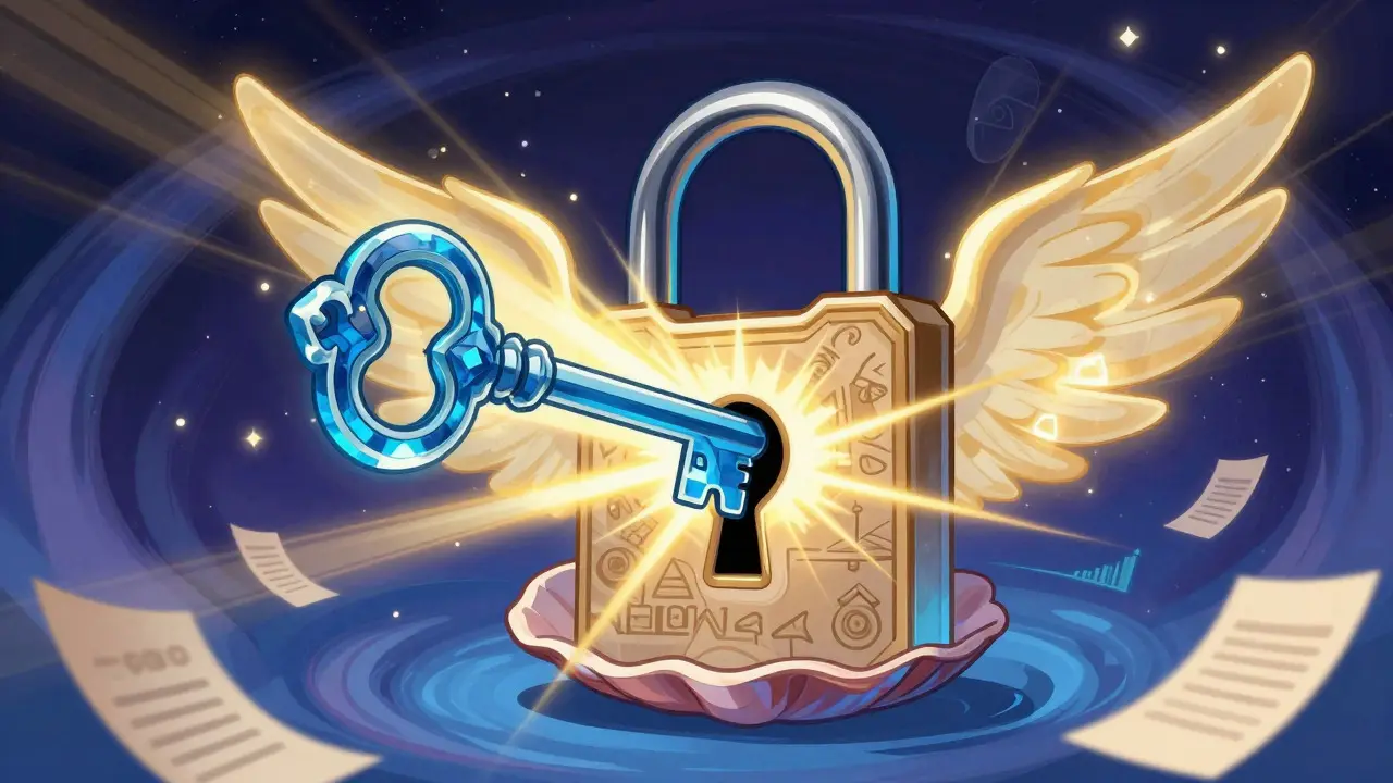 Surreal art of a crystal key turning in a seashell lock, emitting golden light for governance rewards.