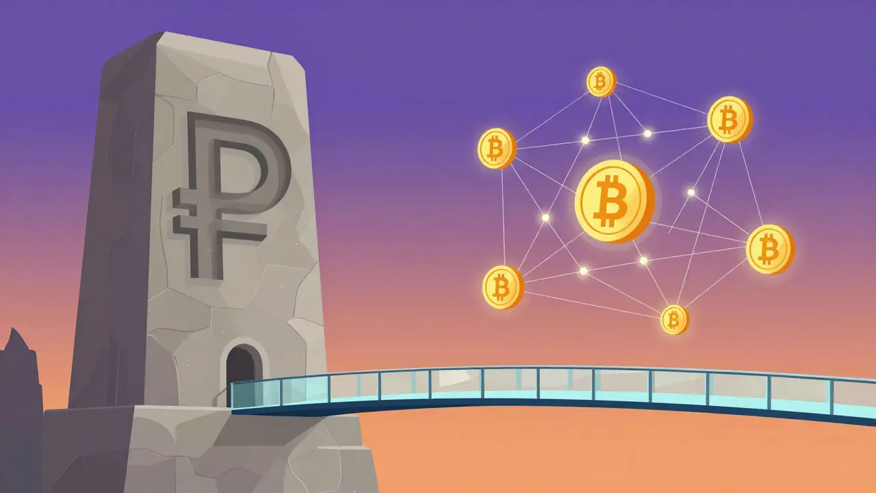 Surreal art of a stone Ruble pillar connected by a light web to floating crypto tokens
