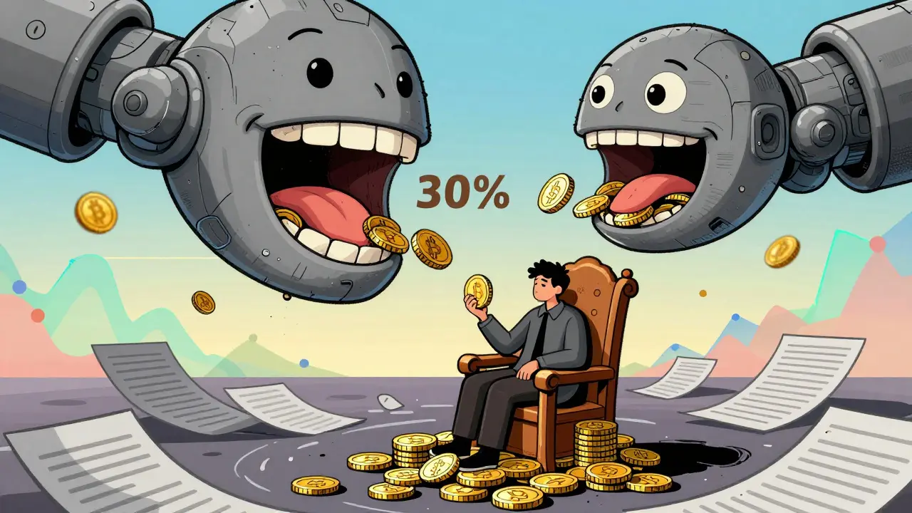 Surreal art showing a mechanical mouth eating 30% of crypto coins