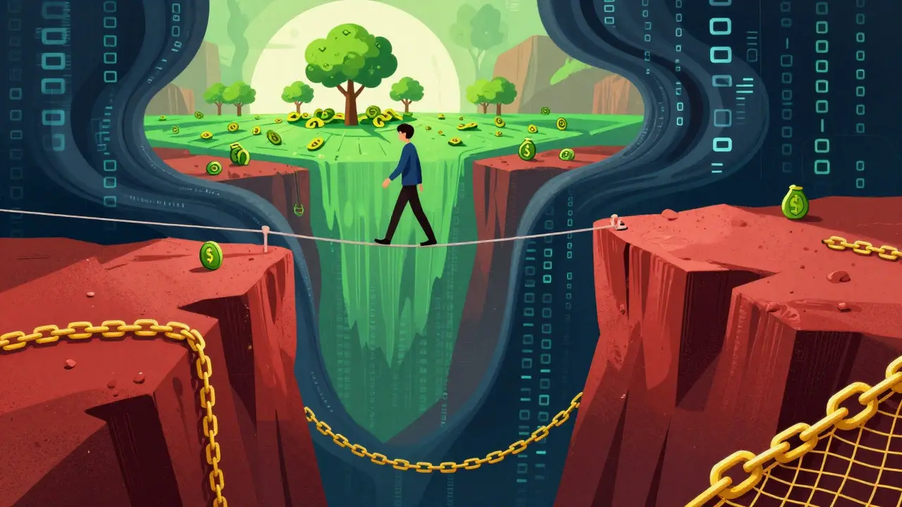 Surreal depiction of DeFi risks with tightrope walking over digital chasm