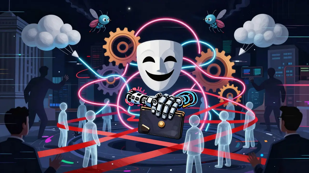 Surreal depiction of tangled webs and masks hiding mechanical hands, representing SEC enforcement against fraud.