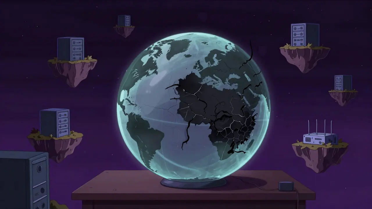 Surreal globe with China cracked and servers drifting away
