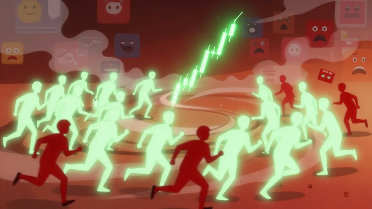 Surreal illustration of a herd chasing a floating green candle in chaos.
