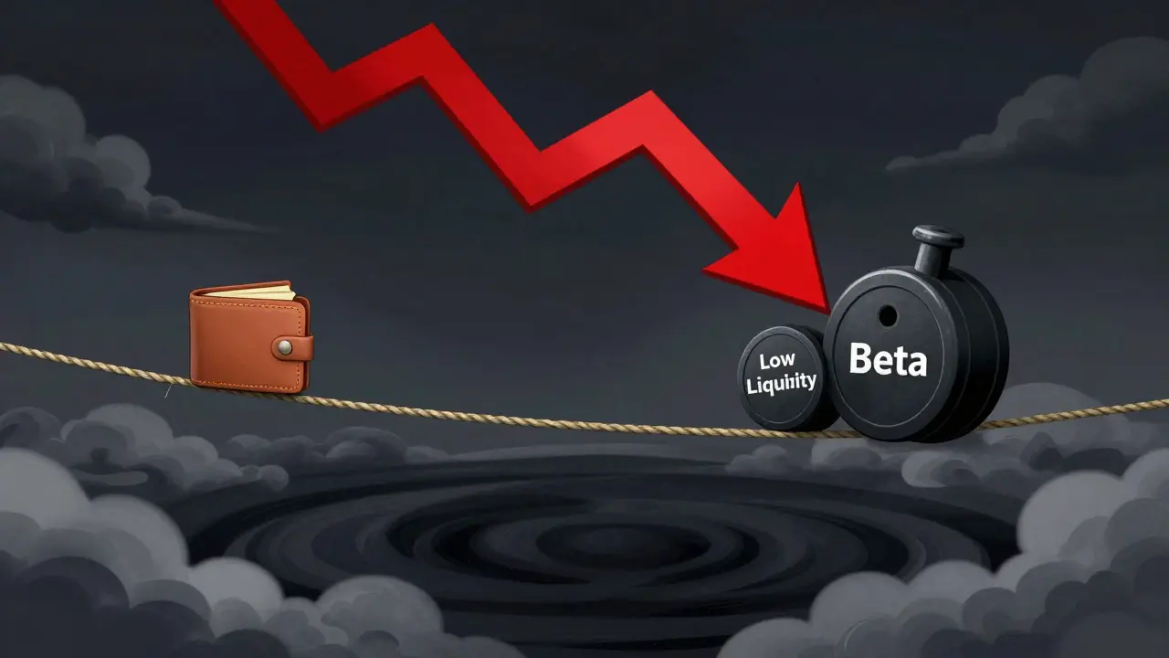 Surreal image of a crypto wallet balancing on a tightrope over a void with risk warnings