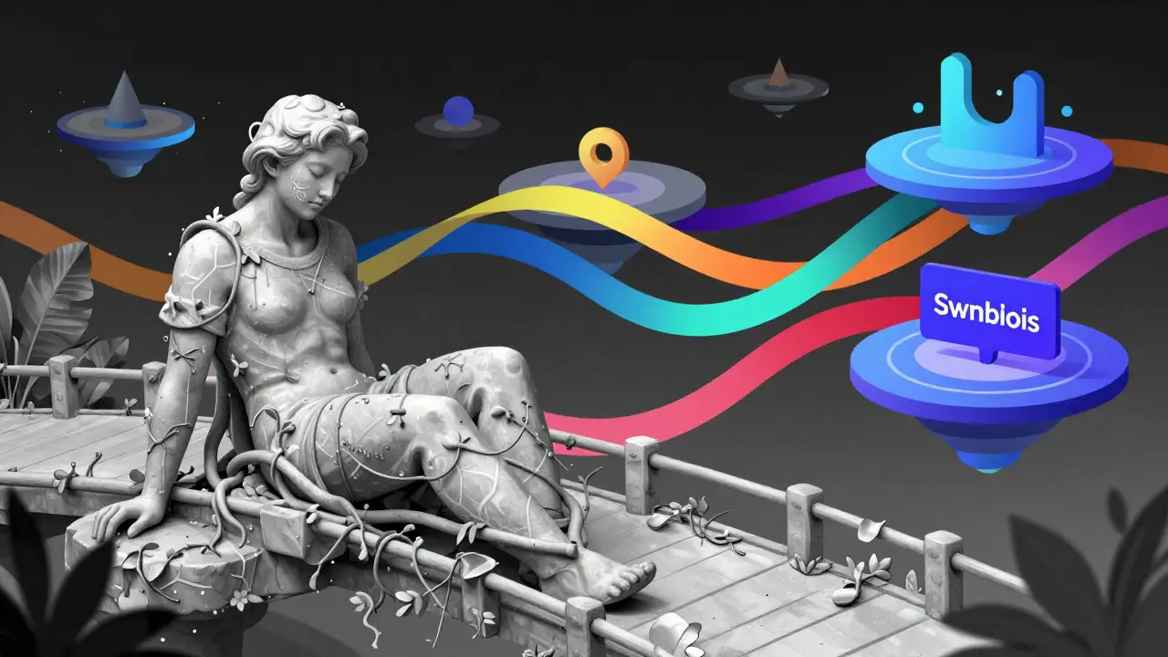 Surreal image of a dormant statue vs vibrant cross-chain ribbons, depicting market stagnation