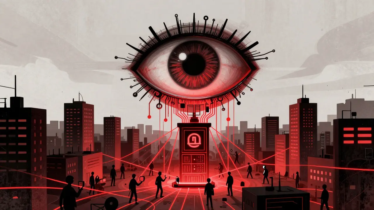 Surreal image of giant digital eye monitoring citizens for CBDC