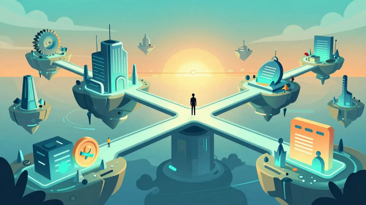Surreal labyrinth representing Genshiro DeFi ecosystem bridges