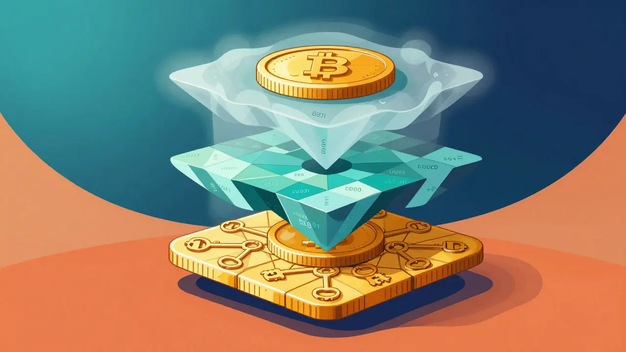 Three layered shields protecting a coin, representing sender, recipient, and amount privacy.