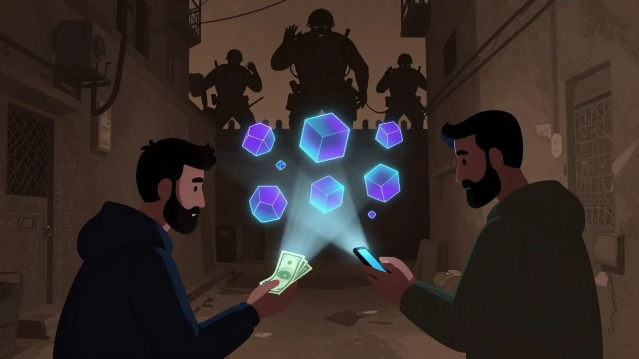 Underground traders exchanging cash for glowing digital tokens in shadows