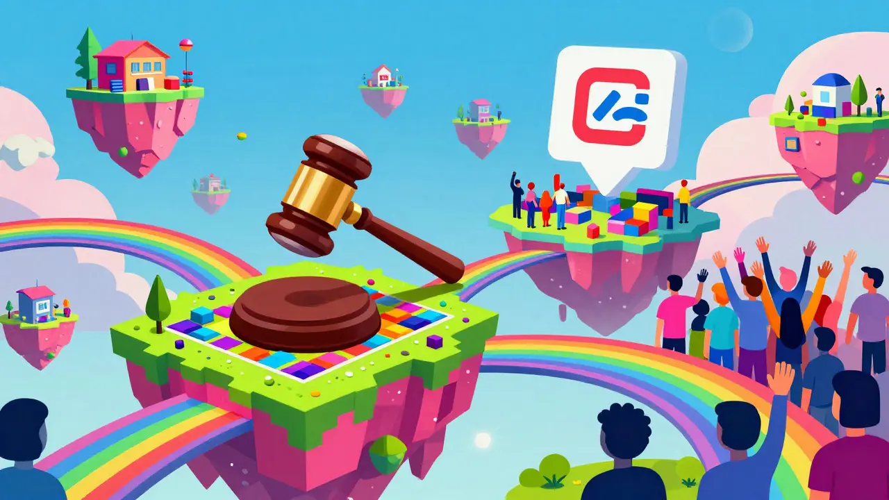Vibrant abstract illustration of a bustling virtual land marketplace