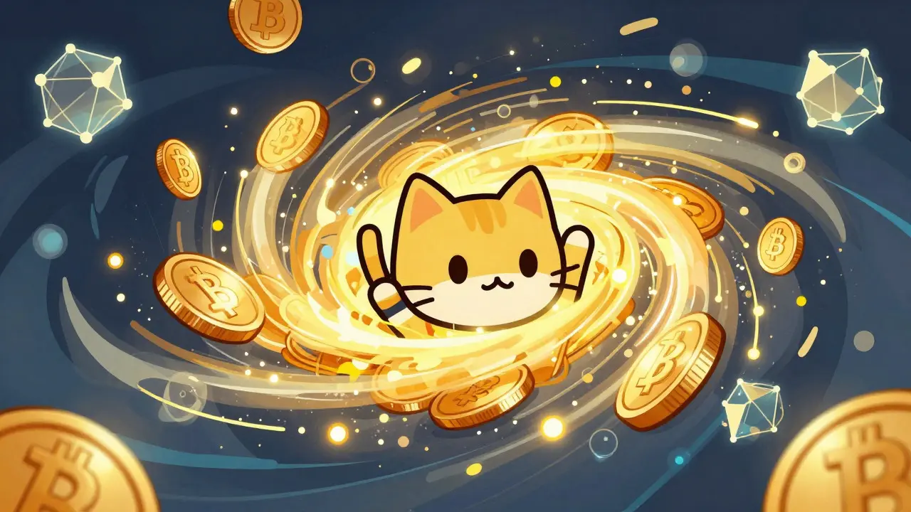 A cartoon cat at the center of a swirling vortex of gold coins and digital nodes.