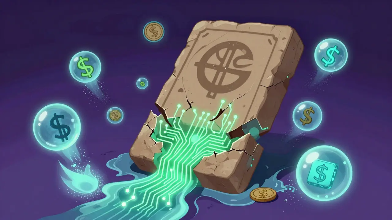 A cracking stone tablet revealing digital circuits, symbolizing the shift from crypto bans to regulation