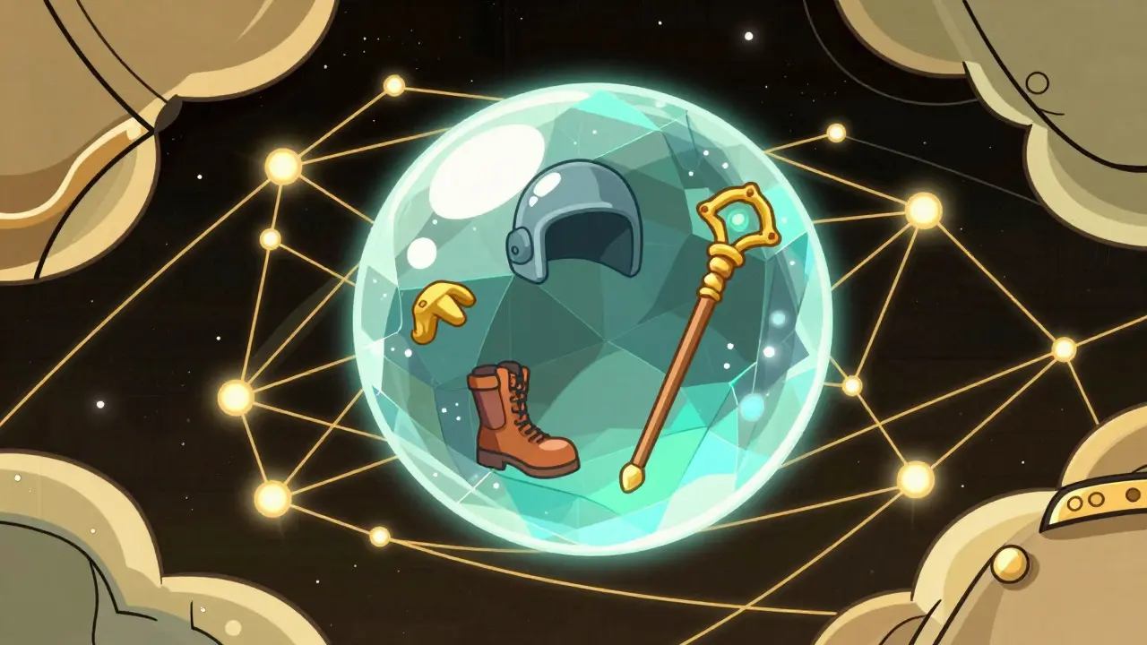 A crystal vault containing game items surrounded by a pulsing golden network of smart contract nodes