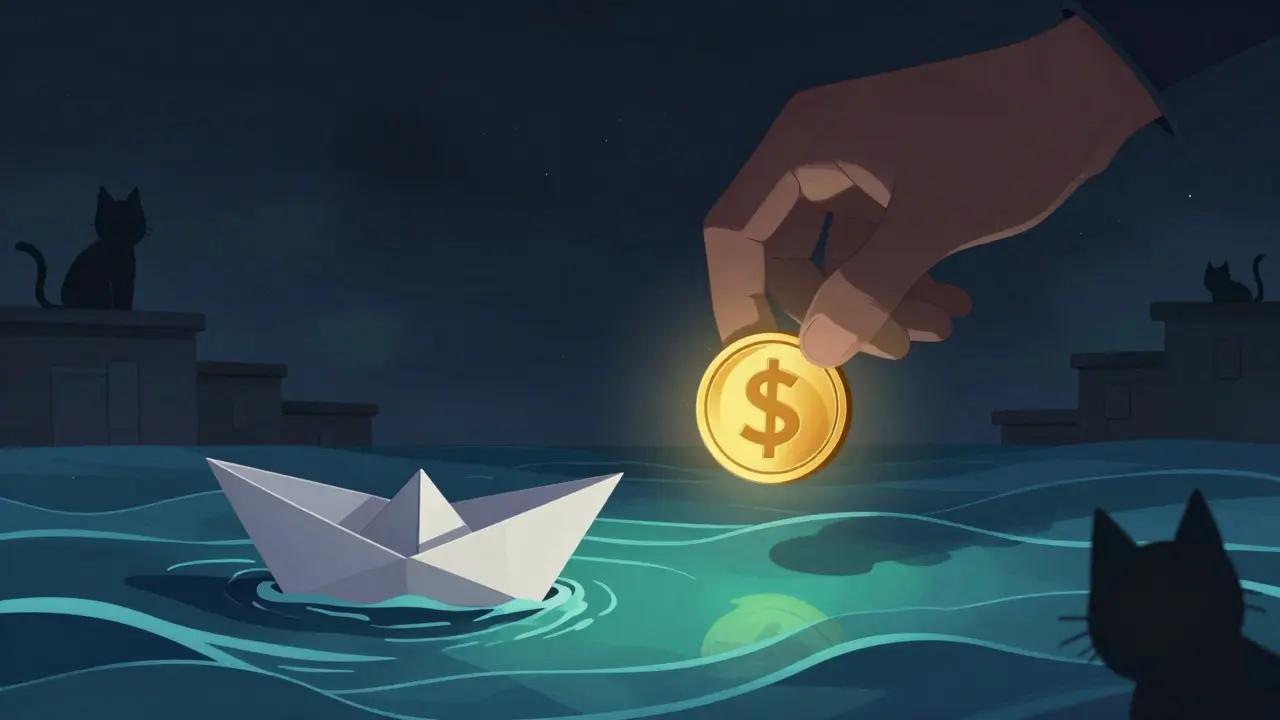 A paper boat on rough waves next to a giant hand holding a coin under a dark sky.