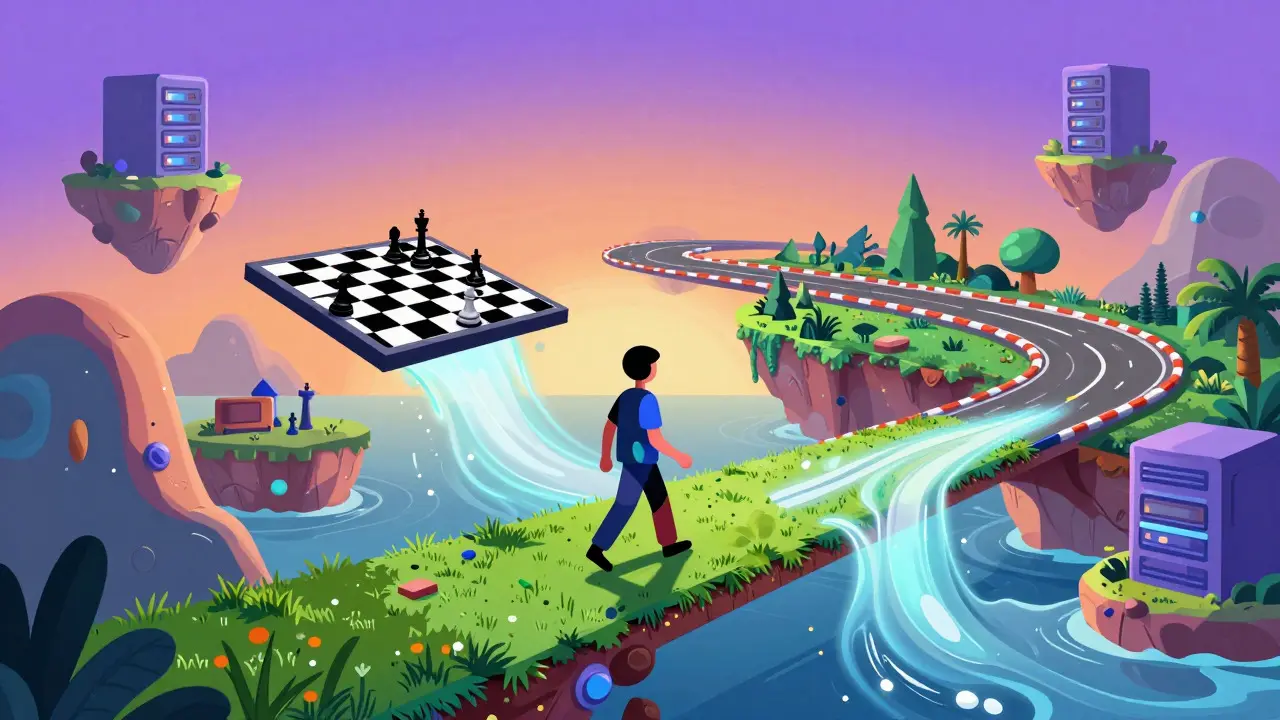 A whimsical landscape where different game genres merge into a cohesive world connected by rivers of light