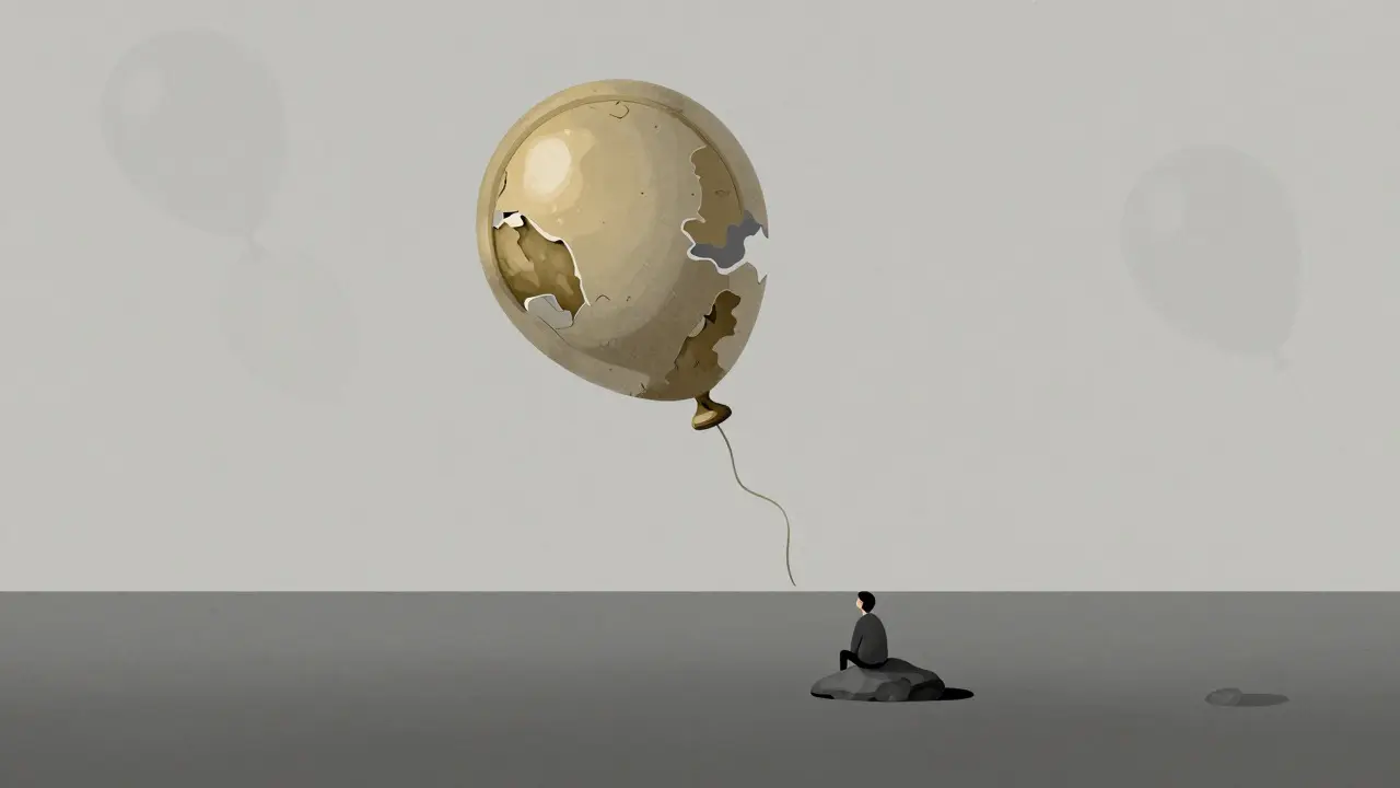 Abstract art of a deflated coin balloon drifting into a gray void