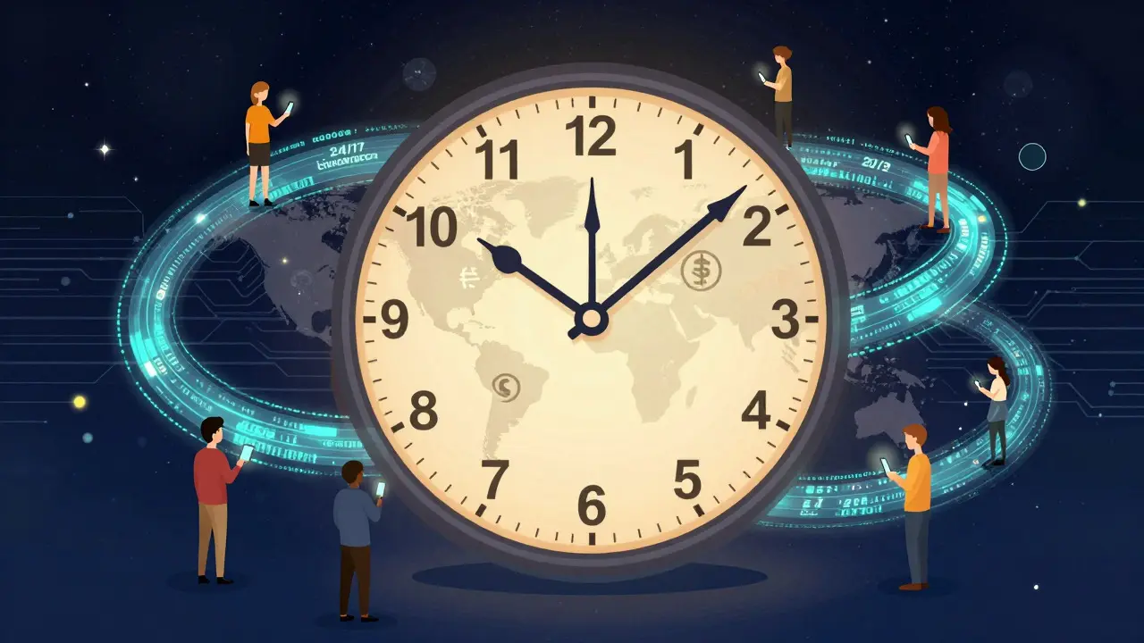 Abstract art of a global clock with digital data streams and connected international investors