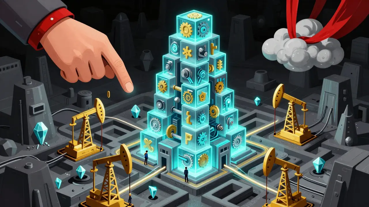 Abstract art showing a giant blockchain tower controlling an island economy