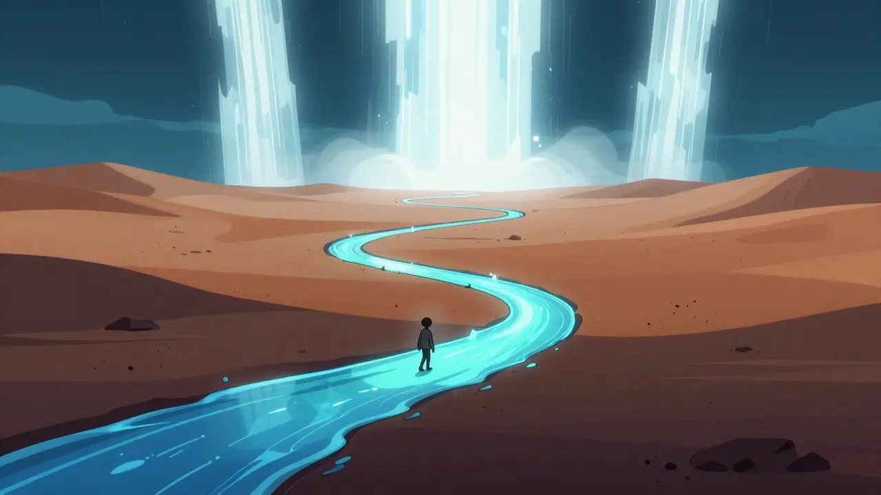 Abstract art showing a narrow liquid path versus massive waterfalls representing liquidity depth