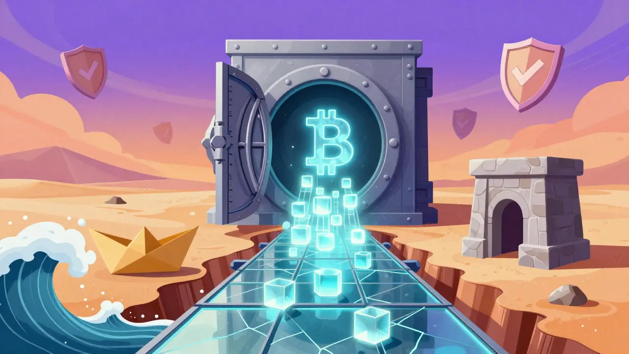 Abstract art showing a secure vault releasing glowing coin cubes across a volatile landscape