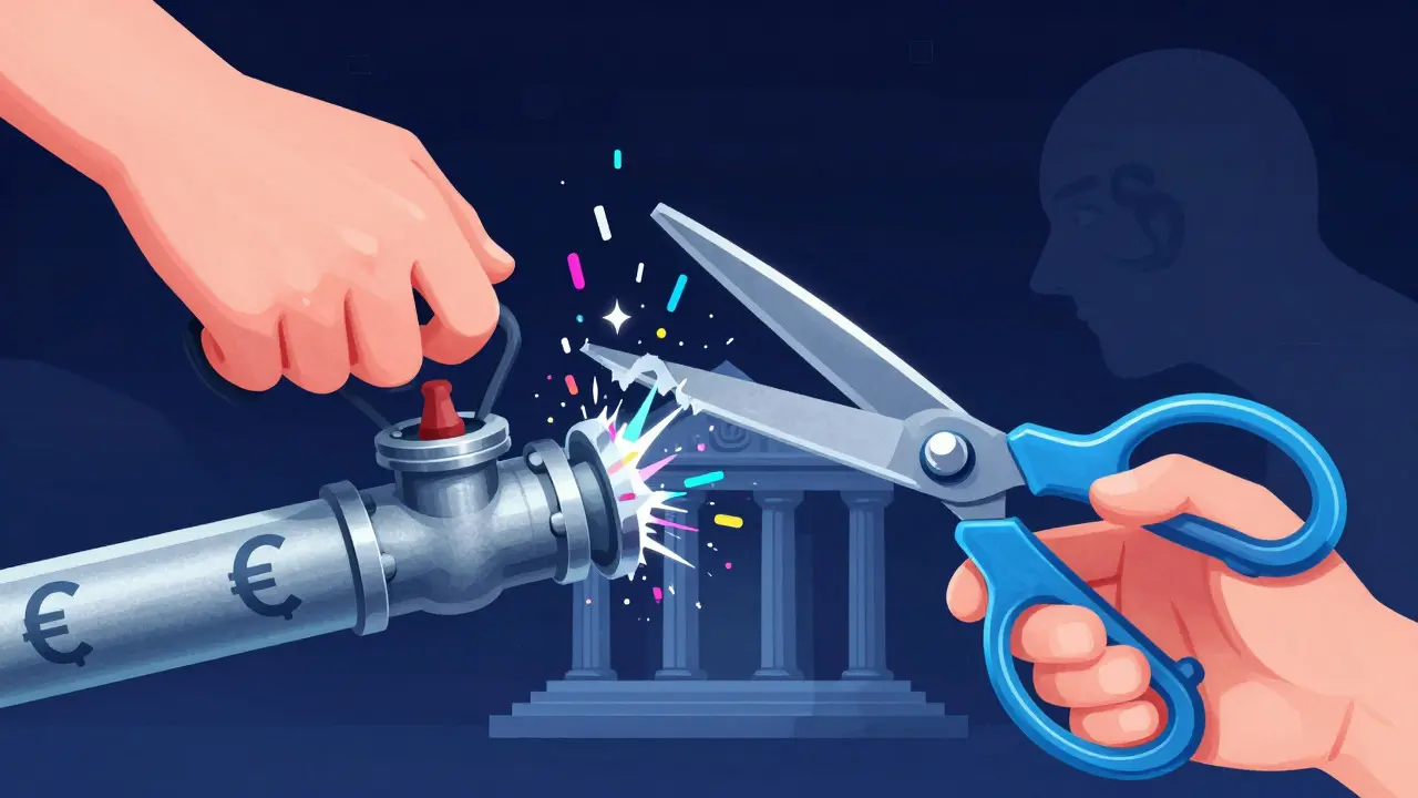Abstract cartoon showing giant scissors cutting a financial pipe, releasing digital sparks into the void