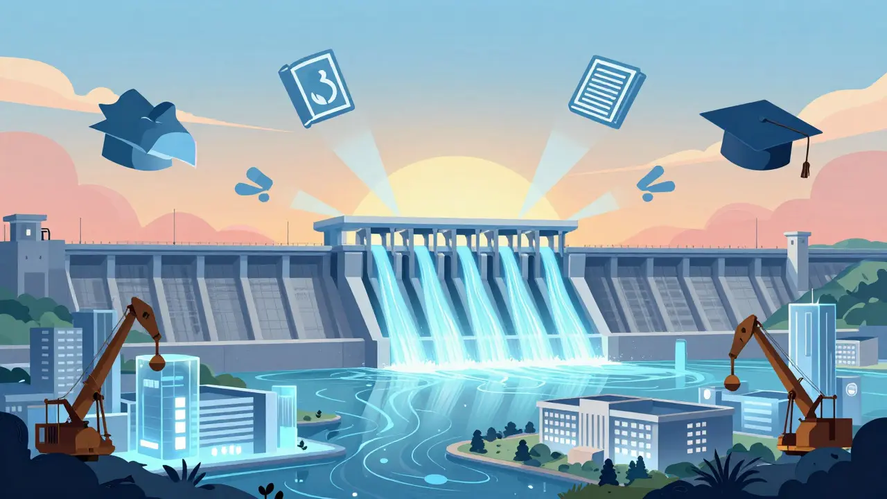 Abstract depiction of a hydropower dam powering universities and civic centers