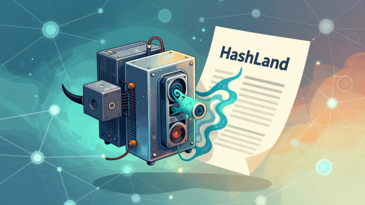 Abstract illustration merging mining hardware with IP documents, representing HashLand synthetic NFTs.