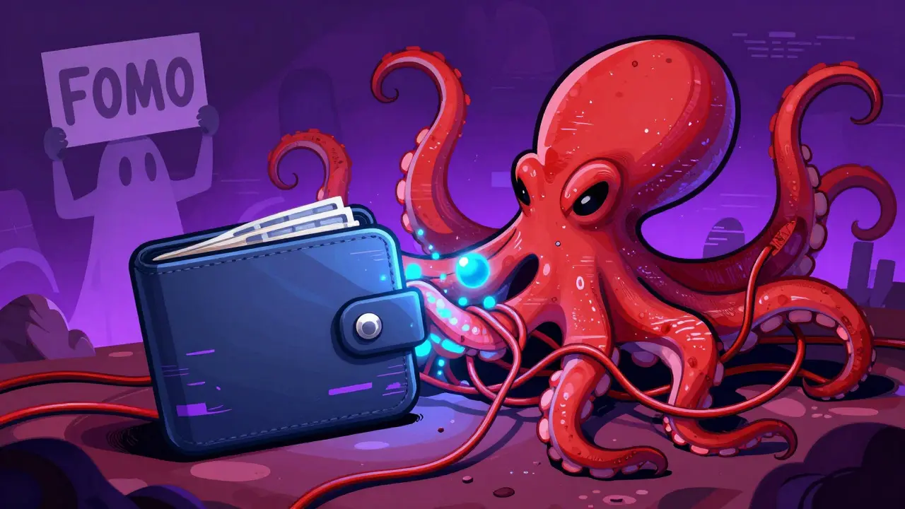 Abstract illustration of a digital wallet being drained by a glitchy octopus monster.