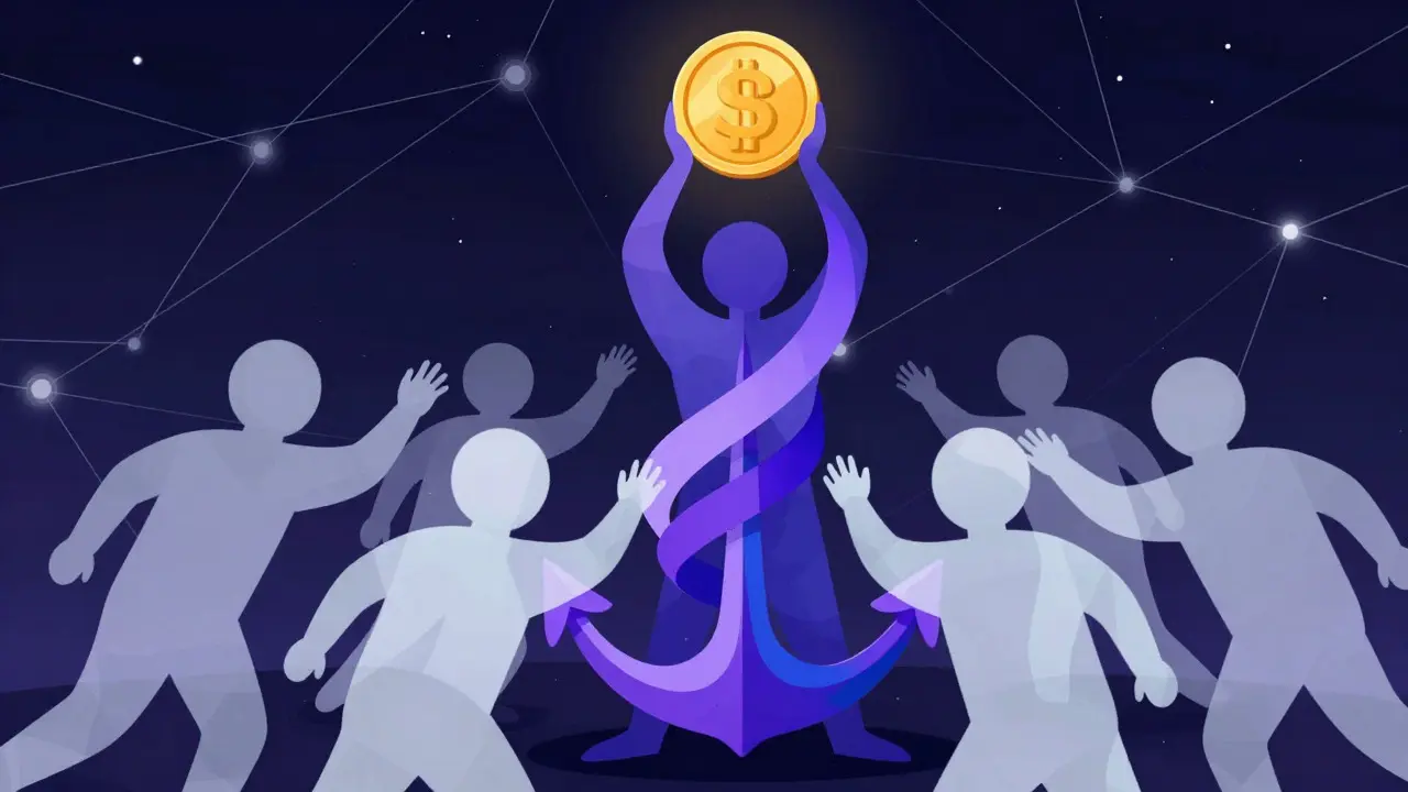 Abstract illustration of a figure holding a heavy coin amidst a network of connected nodes