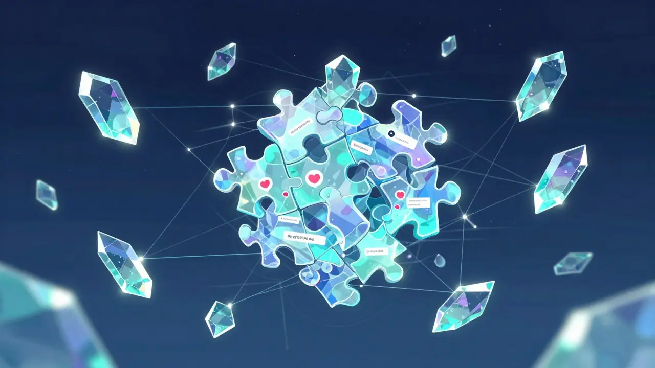 Abstract illustration of crystal puzzle shards connected by light, representing decentralized data storage.