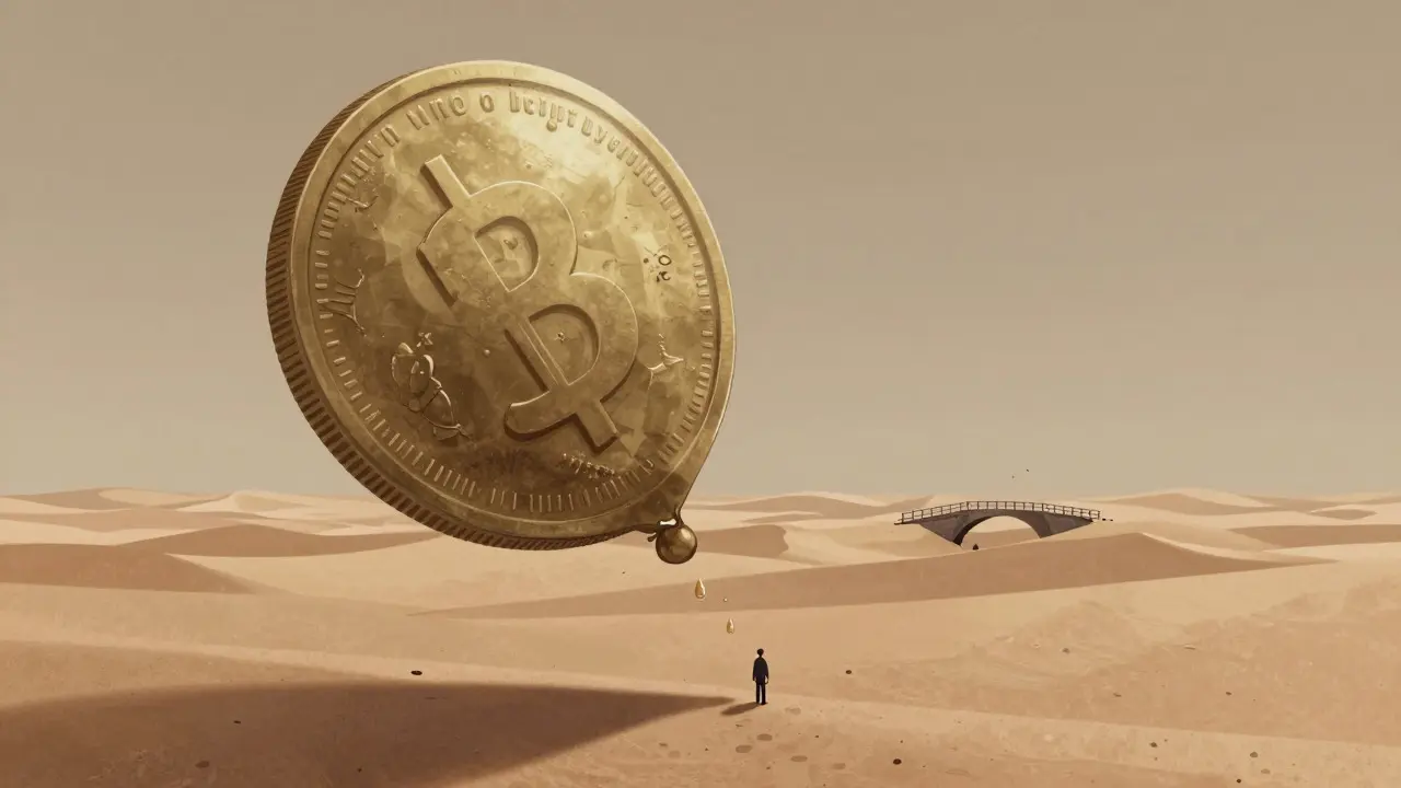 Abstract illustration of deflated coin over empty desert landscape