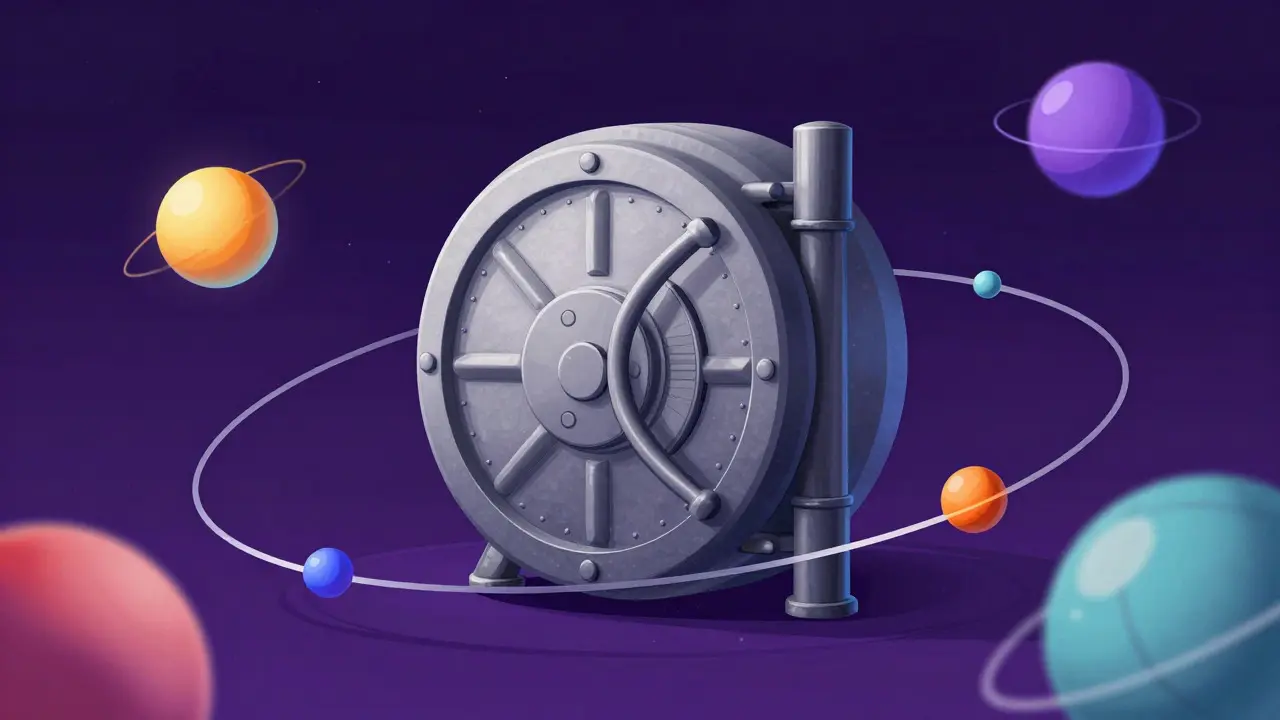 Abstract illustration of stable core vault orbited by fast-moving satellite assets