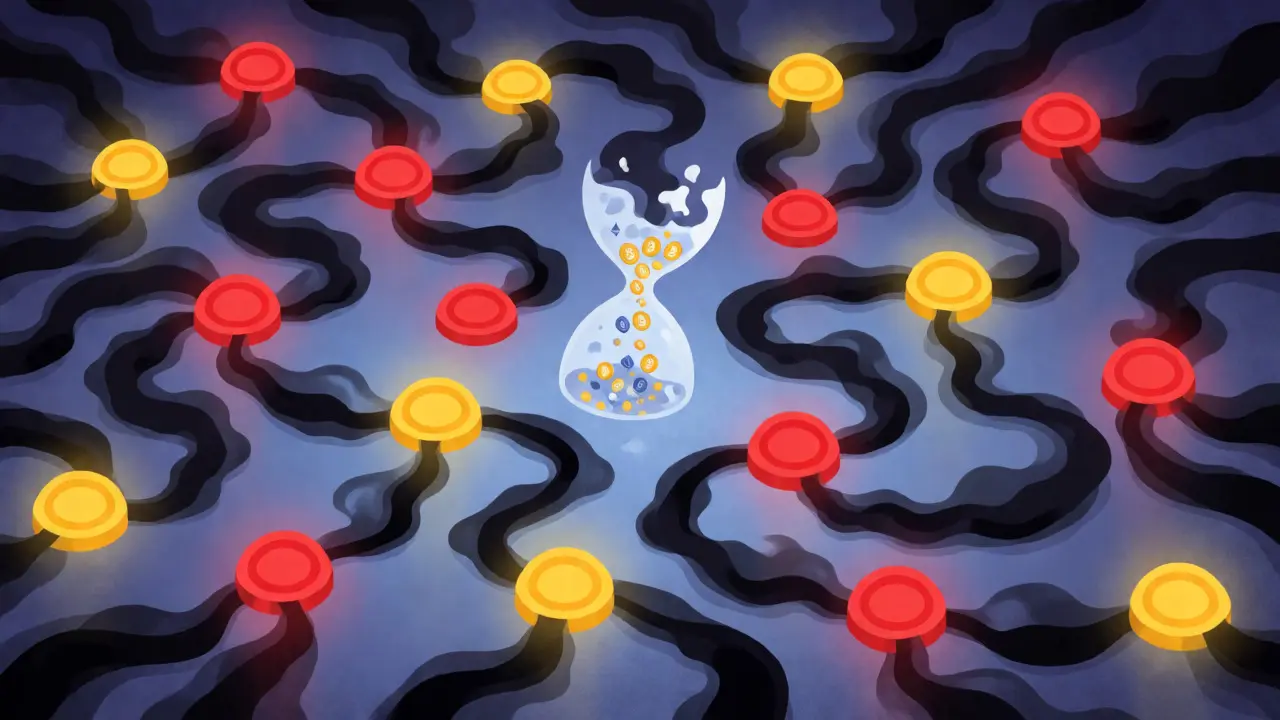 Abstract network of glowing wallet nodes with red sanctioned markers and smoke trails.
