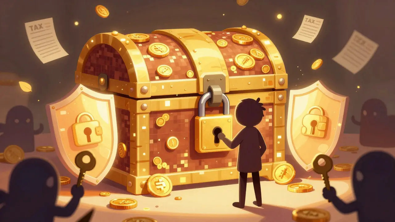 Cartoon character securing a digital treasure chest against shadowy threats.