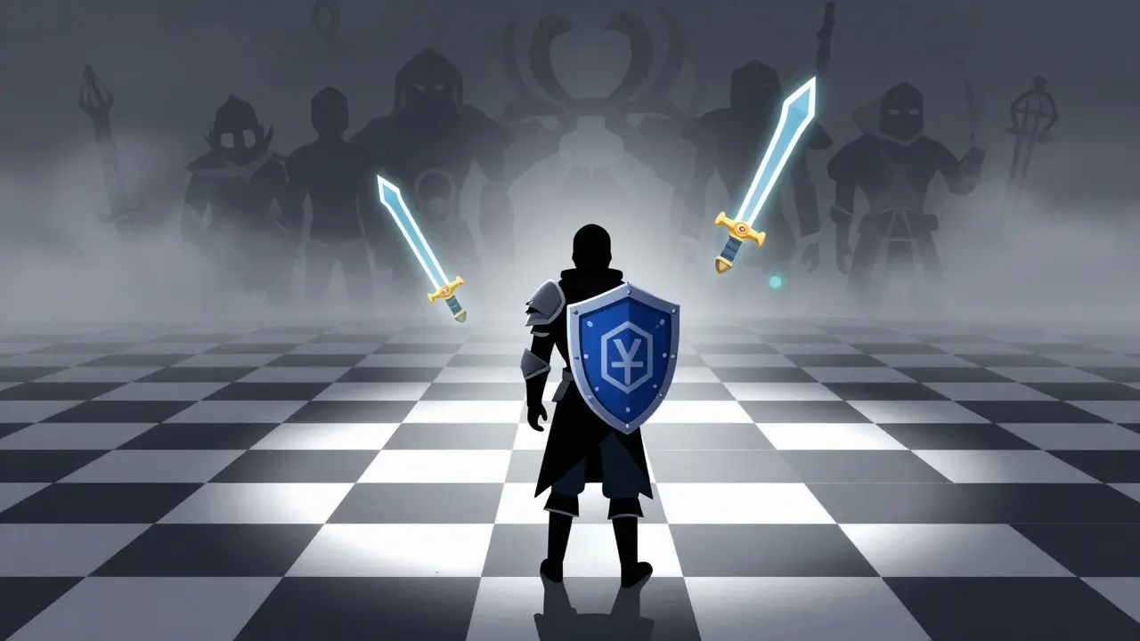 Cartoon hero standing alone in an infinite arena holding blockchain shields