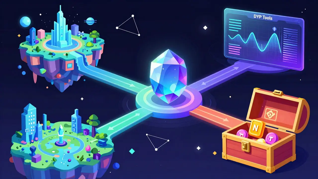 Central gemstone connecting surreal paths to metaverse, tools, and NFT realms.
