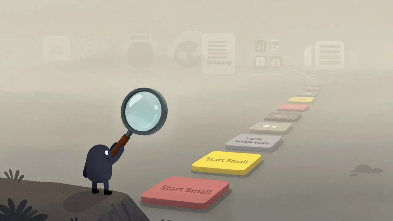 Character with magnifying glass looking at foggy path and alternative crypto options