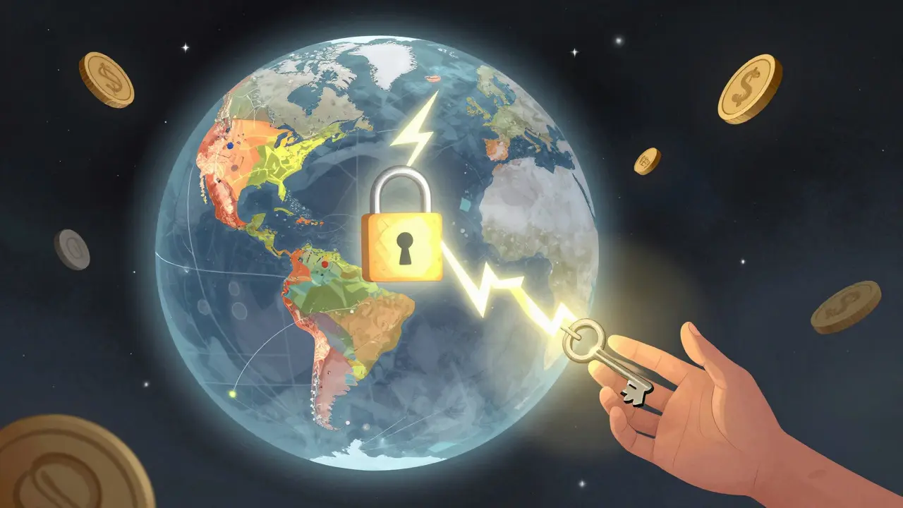 Conceptual image of a split globe with a padlock on one side and a glowing key reaching out