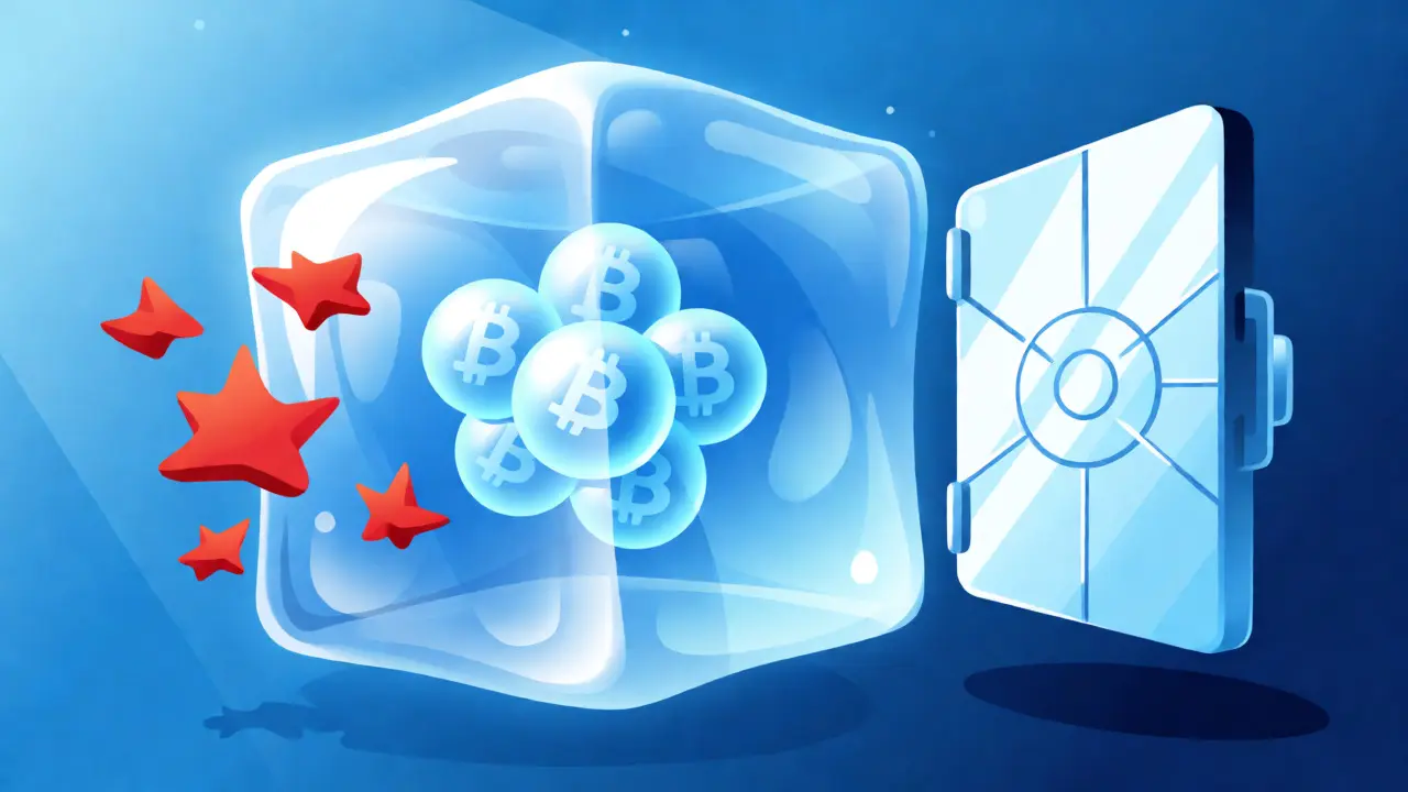 Cryptocurrency assets frozen inside a giant ice cube protected from stylized hackers