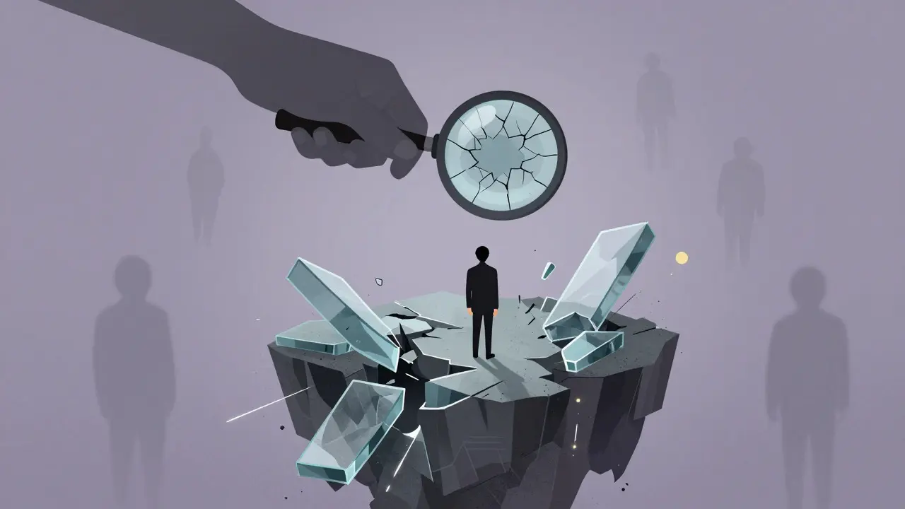 Fragile glass island in a purple sky with a magnifying glass revealing structural cracks