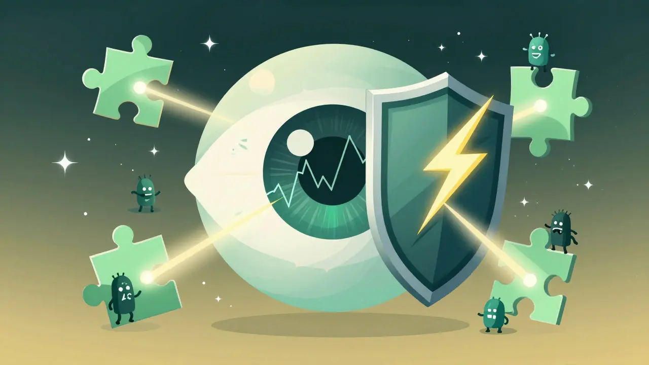 Giant eye oracle shielding against lightning spikes in a digital nebula.