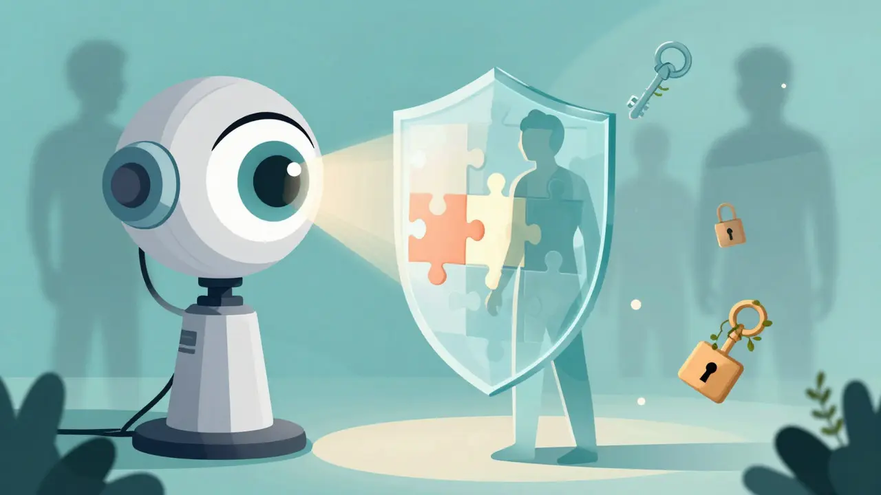 Glass figure surrounded by a protective shield of light, representing secure identity verification.